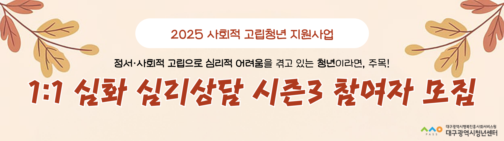 2025 사회적 고립청년 지원사업 <1:1 심화 심리상담 시즌3> 참여자 모집